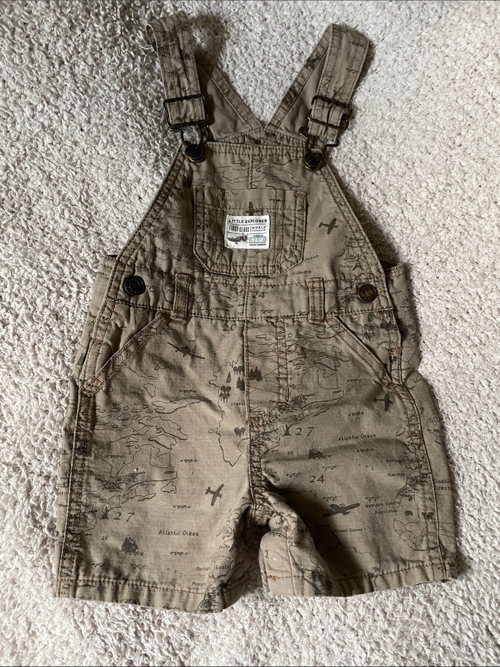 Carter's Little Explorers World Travelers Tan Map-Print Baby Shorts Overalls EUC